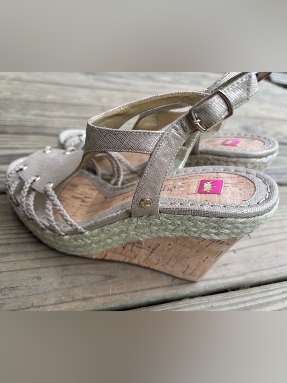 Elaine Turner Metallic Beige Slingback Wedge Sandals 7.5